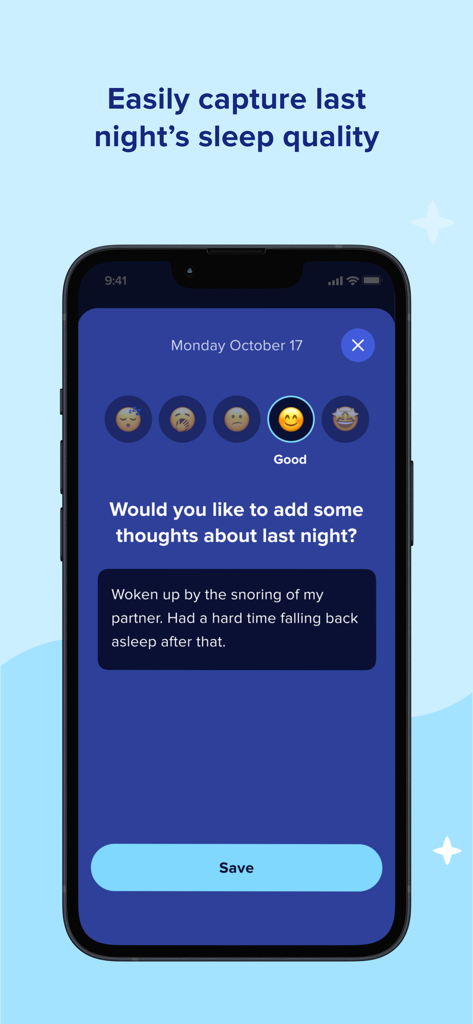 Somnox: Breathe, Relax, Sleep - Somnox sleep journal interface showing an emoji rating and personal notes about last night's sleep quality.