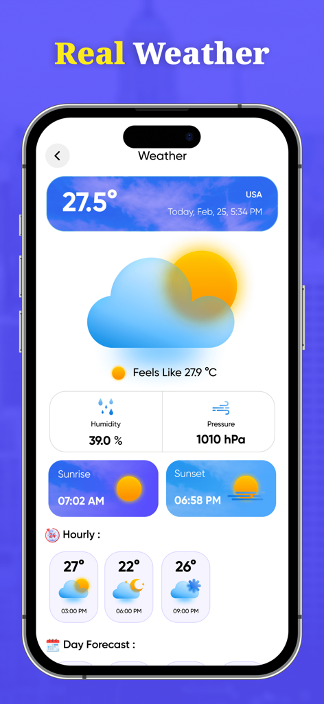 Change Location & Save GPS - Weather forecast screen showing temperature humidity and sunrise sunset times