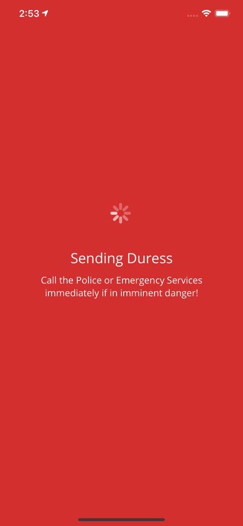 A red emergency screen in the Lighthouse io app with text stating Sending Duress and instructions to call emergency services