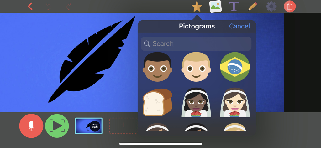 Vidra - Video Presentations - Vidra app interface showing a library of pictograms and icons for video presentations