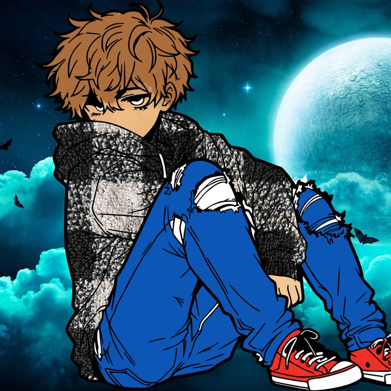 a male hoddie ripped jeans messy hair anime