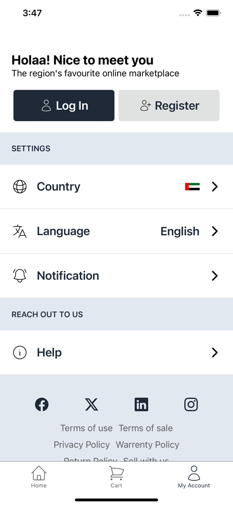 IVSouq: Shopping & Booking - Pagina dell'account e delle impostazioni dell'app IVSouq con pulsanti di accesso e registrazione e impostazioni regionali