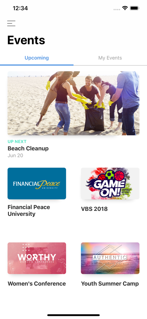 Church by MinistryOne - The events screen in the Church by MinistryOne app showing upcoming community activities and church conferences