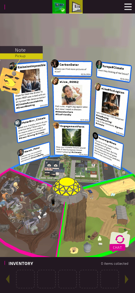 Gameplay screen of Escape Fake showing augmented reality social media posts and a 3D environment