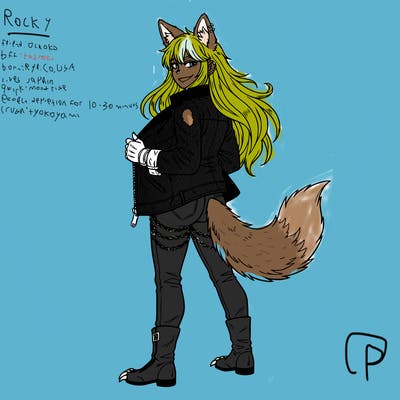 a high schooler from ua from mha she has long thick hair with messy bangs she also has coyote ears that are pierced one is a stud earring and her second set is cross earring she is confident and smiling she is holding the inside of her leather coat she is wearing jeans that have tons of chains her coyote tail is facing up and she is also wearing fingerless gloves and her high leather boots have claws on the ends she has ear pods in her coyote ears.😏