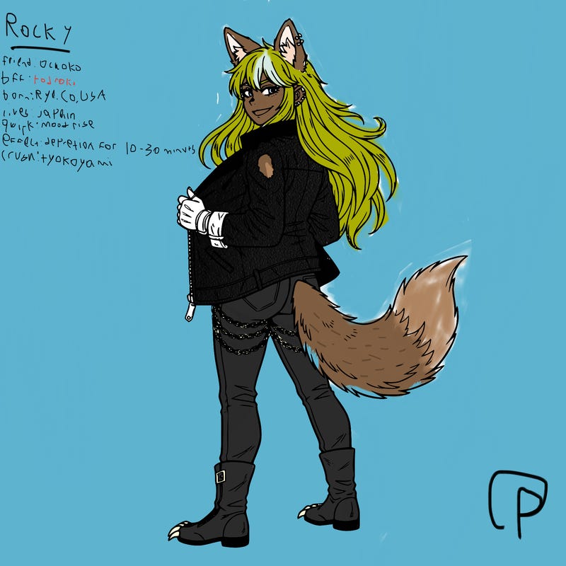 a high schooler from ua from mha she has long thick hair with messy bangs she also has coyote ears that are pierced one is a stud earring and her second set is cross earring she is confident and smiling she is holding the inside of her leather coat she is wearing jeans that have tons of chains her coyote tail is facing up and she is also wearing fingerless gloves and her high leather boots have claws on the ends she has ear pods in her coyote ears.😏