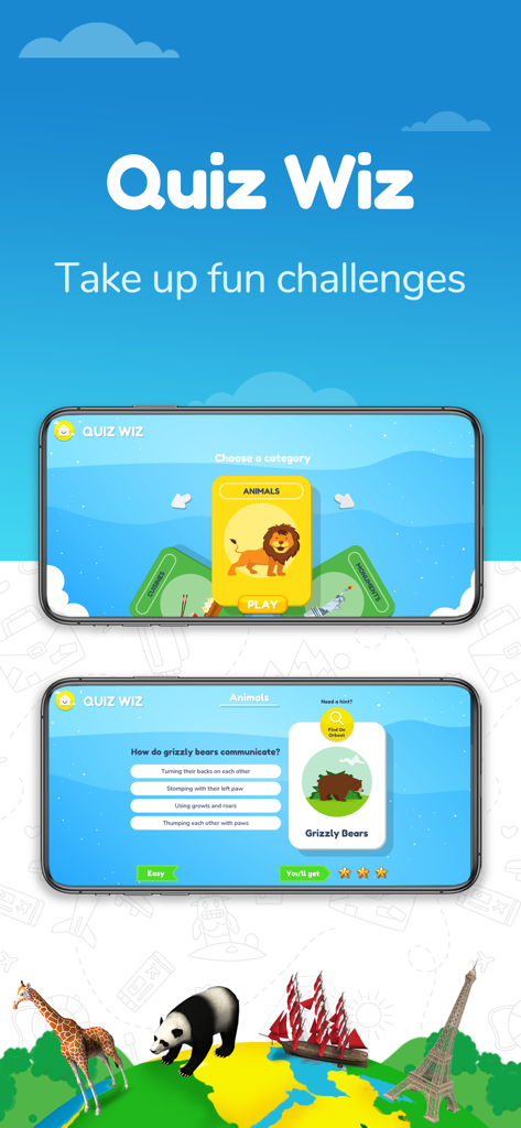 Orboot Earth AR by PlayShifu - Orboot Earth AR 앱 Quiz Wiz 기능으로 어린이용 인터랙티브 동물 챌린지 표시