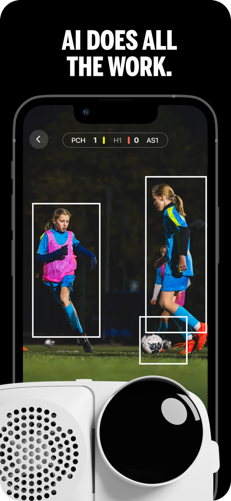 BallerCam - BallerCam App-Oberfläche mit KI-Tracking-Begrenzungsrahmen für Fußballspieler und einer Live-Anzeigetafel