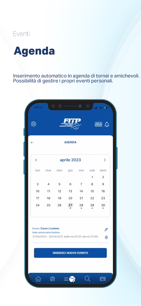 MyFITP - Schermata dell'agenda dell'app MyFITP che mostra una vista del calendario mensile per la pianificazione di partite di tennis e padel