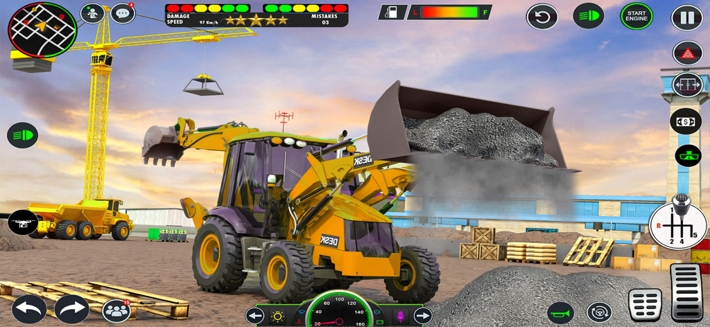 Gameplay of JCB Backhoe Loader Driving showing a yellow excavator moving dirt on a 3D construction site.