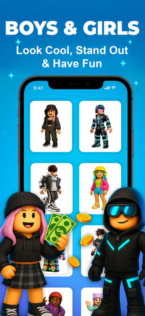 AI Skin Maker for Roblox - Roblox skin maker app interface showcasing diverse avatar designs for boys and girls
