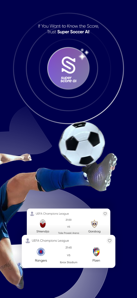Super Score AI app showing soccer match tips and UEFA Champions League schedules