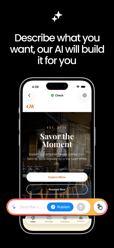 Pocket Site - Interface of the Pocket Site mobile app showing an AI-generated restaurant website being built from a text description.