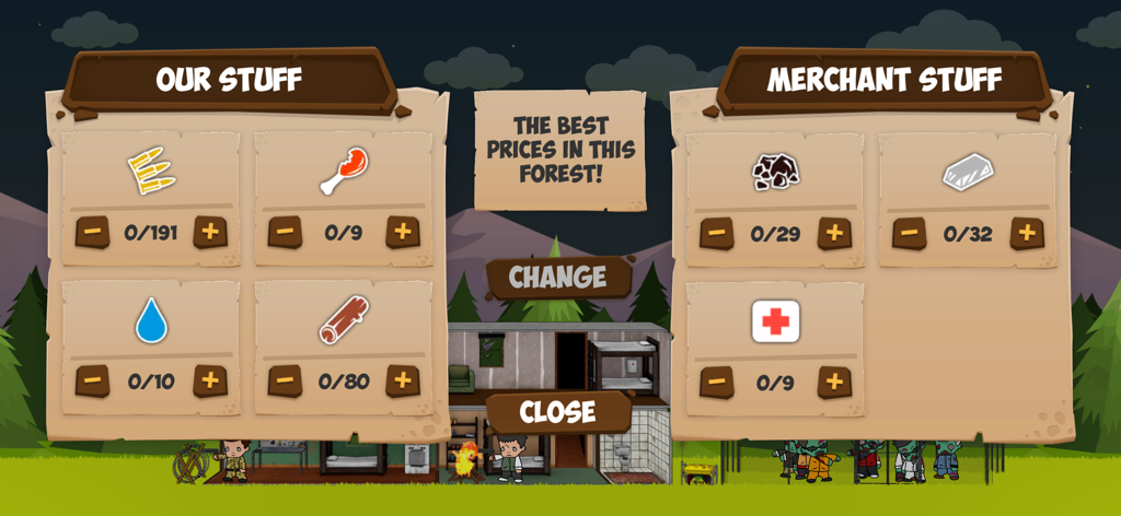 Zombie Forest HD: Survival - The resource exchange menu in Zombie Forest HD showing player items like ammo and food being traded with a merchant.