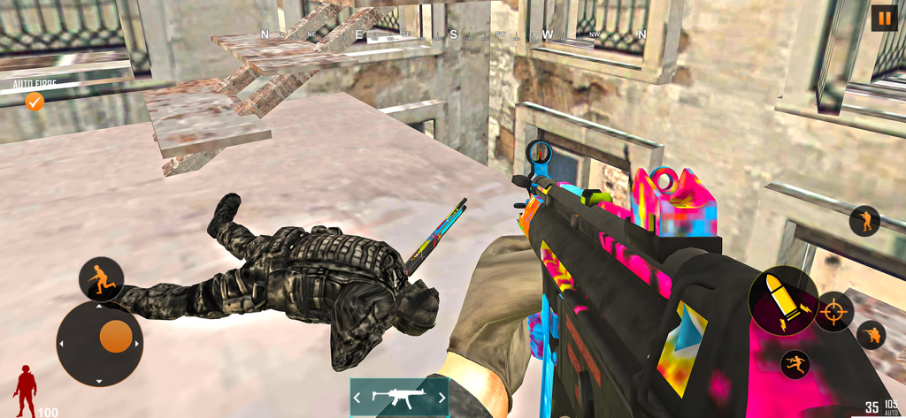 FPS Shooting Sniper Gun Games - Jugabilidad de disparos en primera persona que muestra un rifle personalizado y un soldado enemigo eliminado en una misión en una azotea urbana