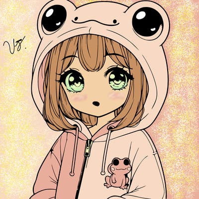 cute realistic girl in a froggy hoodie