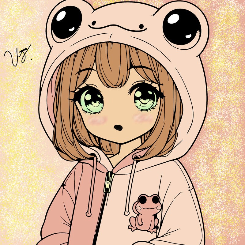 cute realistic girl in a froggy hoodie
