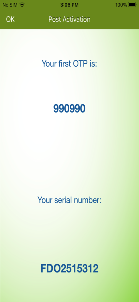 BSP SoftToken - BSP SoftToken app screen showing the first one time password and device serial number after activation