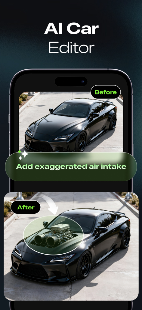 Comparação de antes e depois de um carro preto modificado com uma entrada de ar exagerada usando o aplicativo AI Car Editor