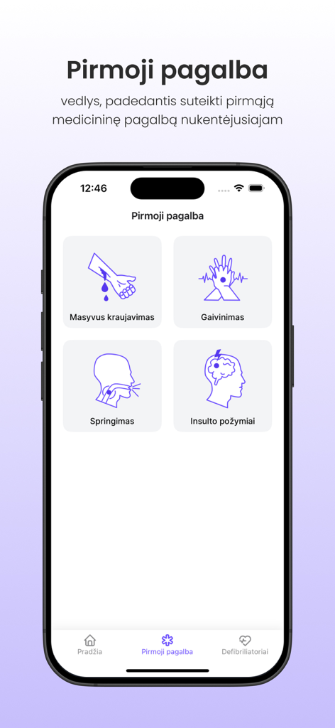 Captura de tela do aplicativo Mama plus mostrando categorias de primeiros socorros para sangramento, RCP, engasgo e derrame