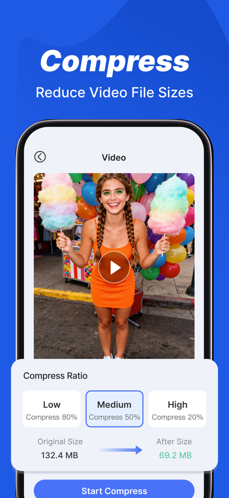 Handy Clean - Handy Clean app screen showing video compression options to reduce file size from 132MB to 69MB.