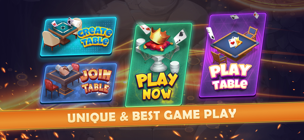 Main menu of Bluff Multiplayer card game showing options to create table join table and play now.