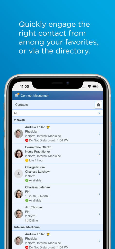 CareAware Connect Messenger - CareAware Connect Messenger clinical contacts directory showing staff roles and availability status