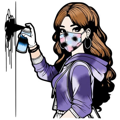 realistic girl with mask spray painting a wall