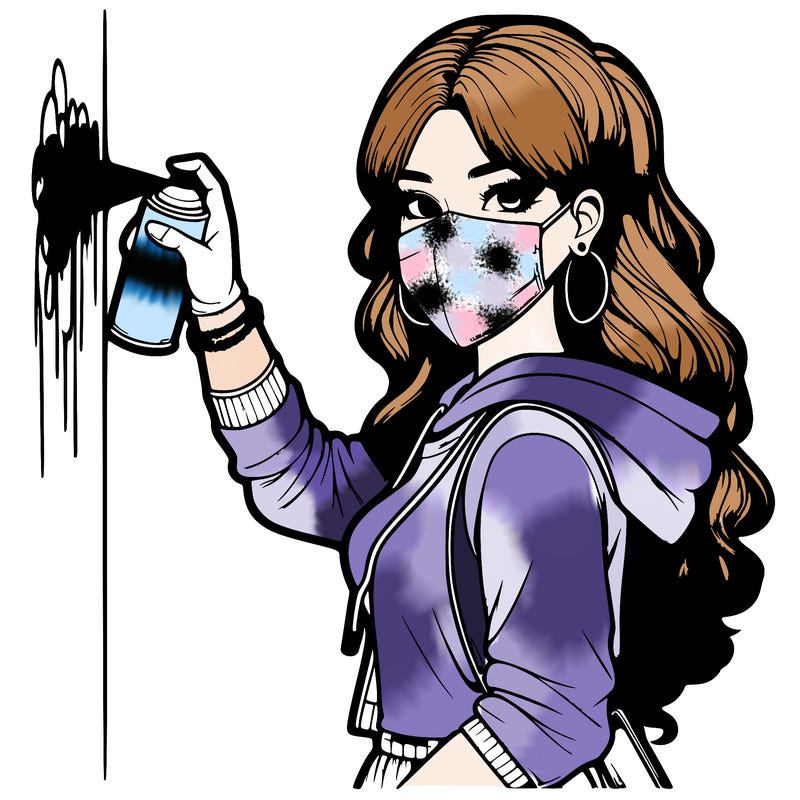 realistic girl with mask spray painting a wall