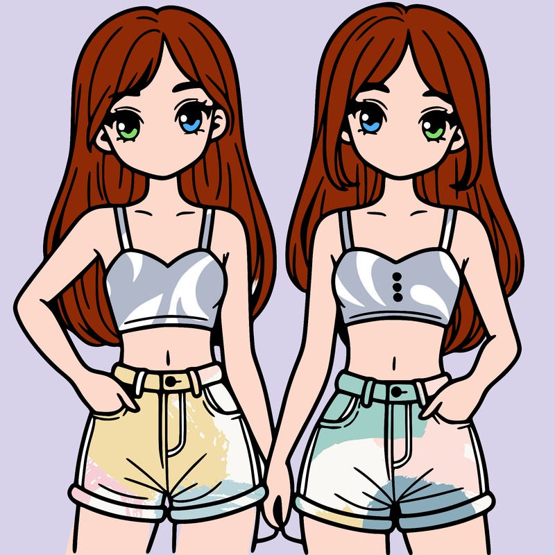 two sisters with crop tops and jean shorts and straight hair