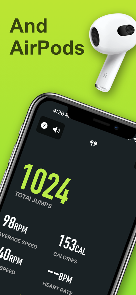 JumRop - Jump Rope Rep Counter - Interfaz de la app JumRop mostrando seguimiento de calorías de saltos y soporte para AirPods