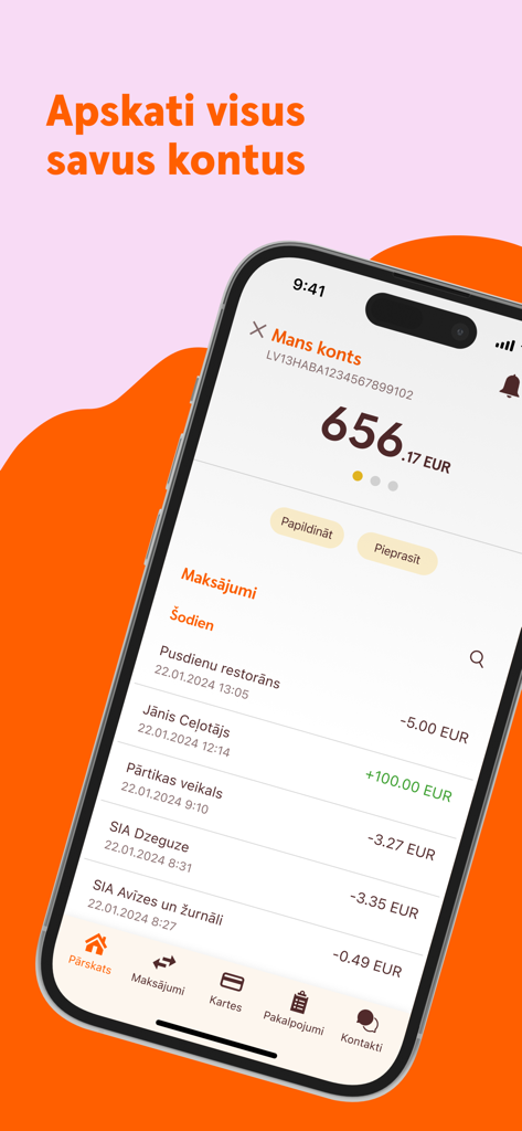 Swedbank Latvija mobile app account overview showing balance and transaction history