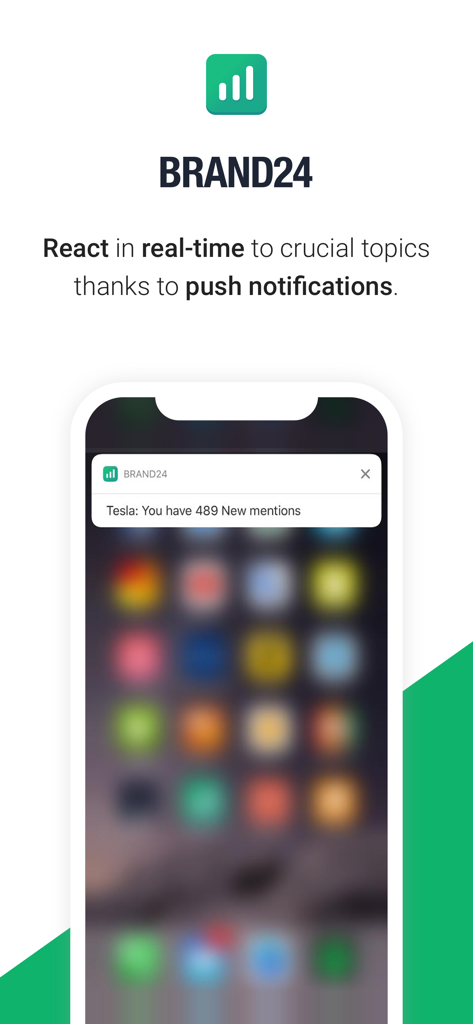 Notificação push do aplicativo Brand24 mostrando novas menções à marca na tela de um iPhone