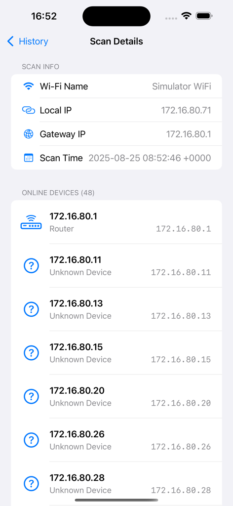 WiFi Guardian – Stop Intruders - WiFi Guardian 앱의 스캔 상세 정보 화면에 IP 주소 및 네트워크 정보가 있는 연결된 기기 목록이 표시됩니다.