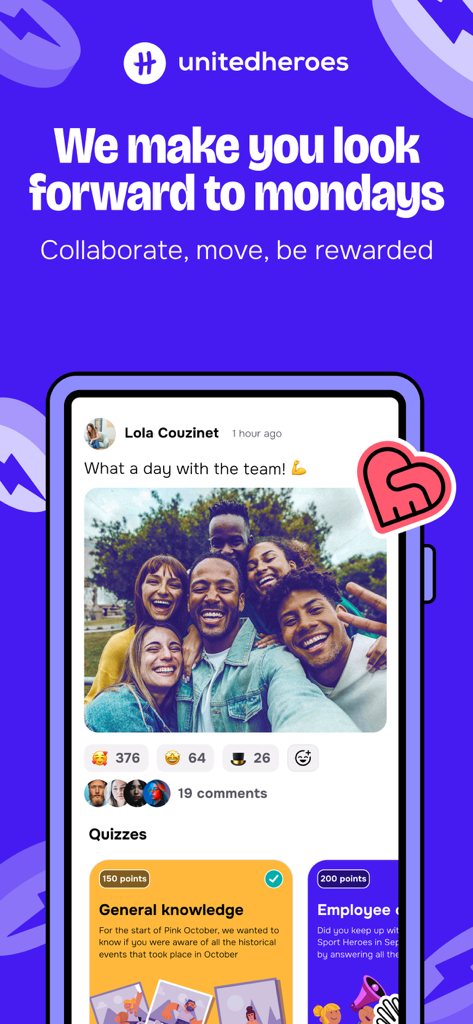 Application United Heroes affichant un fil d'actualité social d'employés et des cartes de quiz bien-être