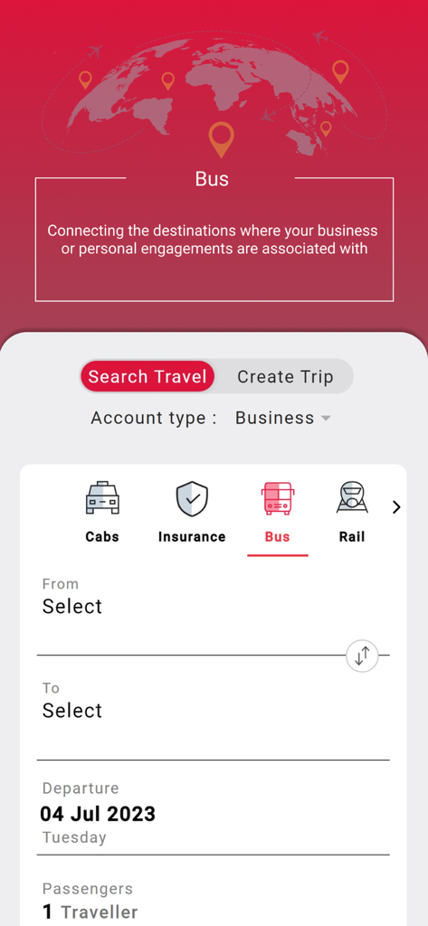 SOTC EVA - SOTC EVA Corporate Travel App-Oberfläche, die den Suchbildschirm für Busbuchungen für Geschäftskonten anzeigt.