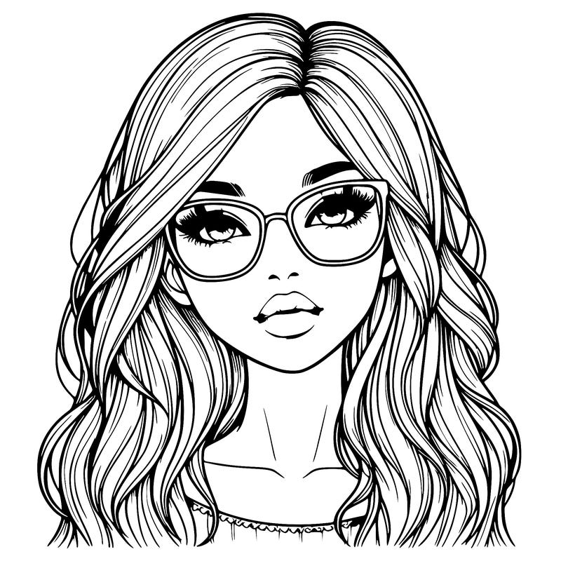 girl with long hair, glasses, lips and relastic