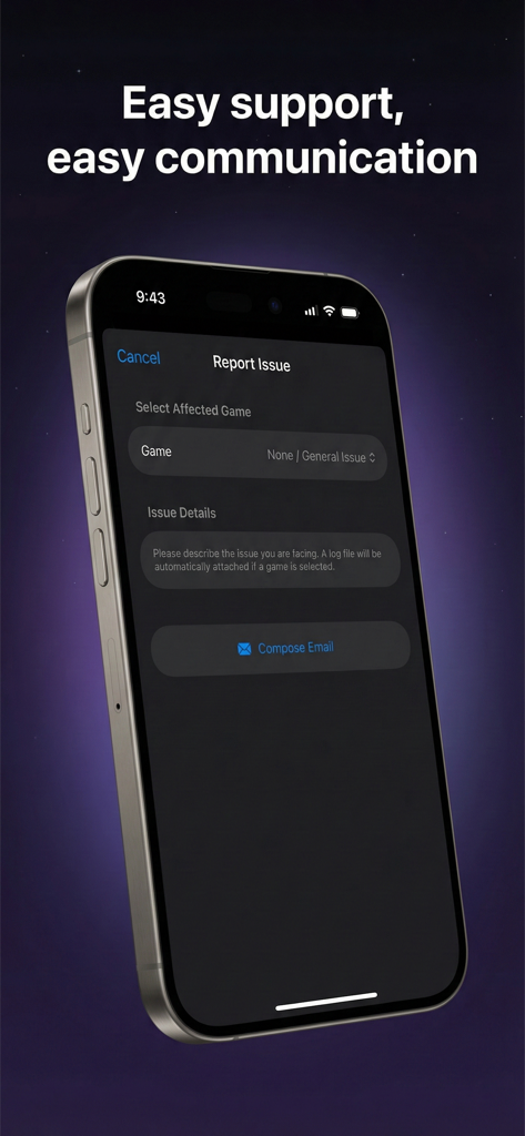 A smartphone screen showing the RPGPlayer app report issue form with options to select a game and compose an email for support.