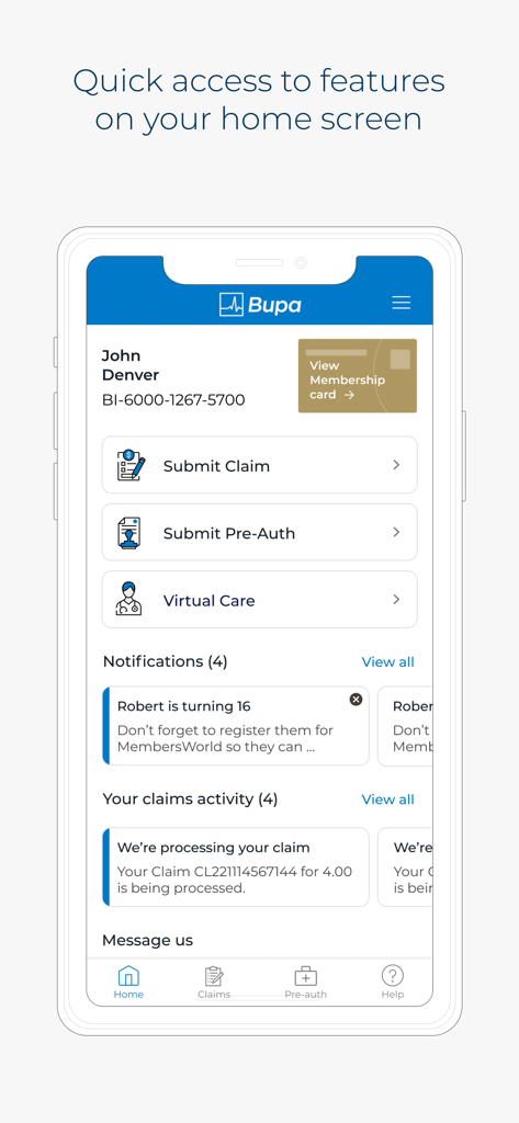Bupa Global MembersWorld - Bupa Global MembersWorld app dashboard showing quick access to claims and virtual care features