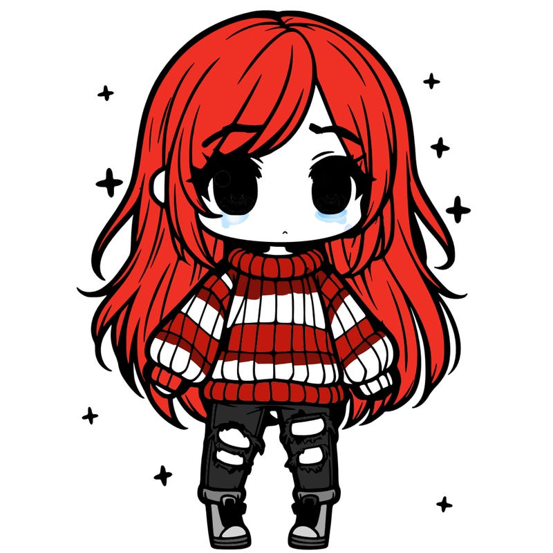 chibi girl with ripped jeans,long hair, and an oversized sweater