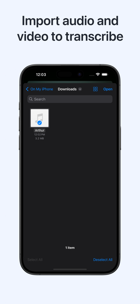 Jotter: Transcribe Voice Video - A mobile interface showing the file selection screen to import audio and video files for transcription in the Jotter app