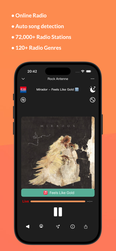 Podcast App - PlaydioCast - PlaydioCast mobile app displaying the online radio player with song information and album art.