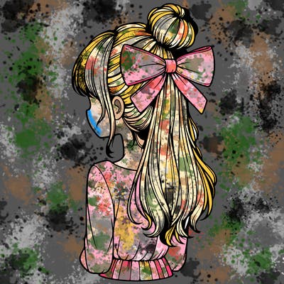 realistic girl  with hip length hair a bun and a big bow on the back of head