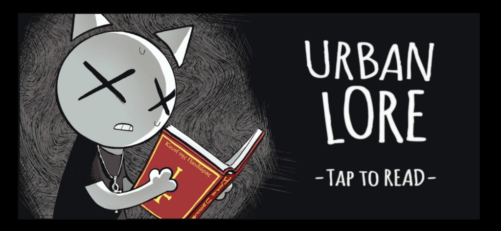 Urban Lore:The Beat District - A stylized character with cat ears and crossed-out eyes reading a mysterious red book in Urban Lore