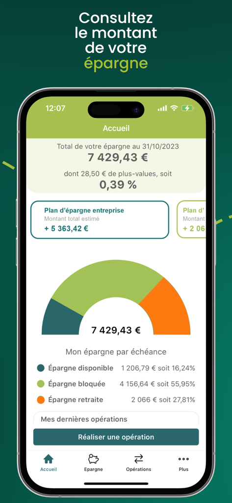 Groupama Epargne Salariale - Tableau de bord de l'application Groupama Épargne Salariale montrant le solde total de l'épargne et le graphique de répartition des investissements