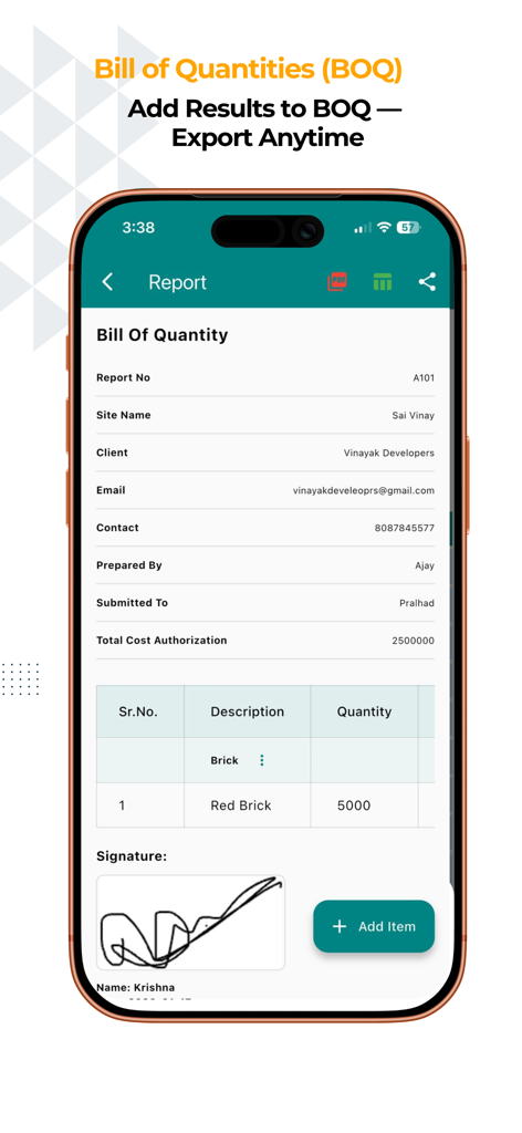 Construction Calculator A1 - 材料リスト、プロジェクト詳細、デジタル署名が含まれたプロフェッショナルな数量計算書レポートを表示するモバイルアプリ画面。
