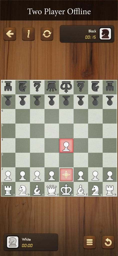 Interface de jeu d'échecs mobile montrant le mode hors ligne pour deux joueurs avec un plateau 2D sur fond de bois.