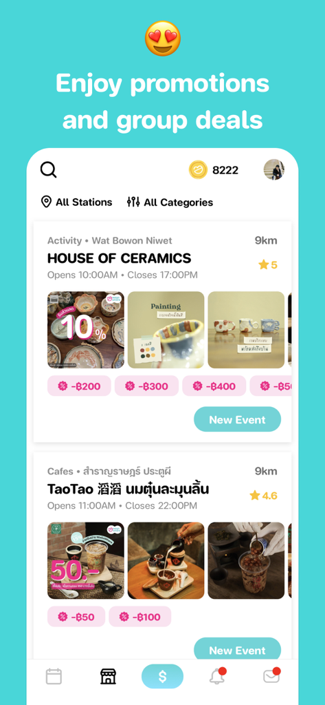 Mobile app interface for WeGoWhere showing group deals and promotions for local activities like ceramics and cafes