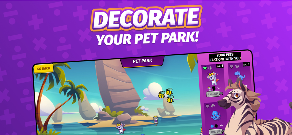 99math app feature showing a customizable pet park with animal avatars used as rewards for math practice