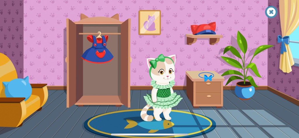 Funny die Katze trägt ein grünes Kleid in einem Schlafzimmer mit Kleiderschrank und Tieraccessoires.